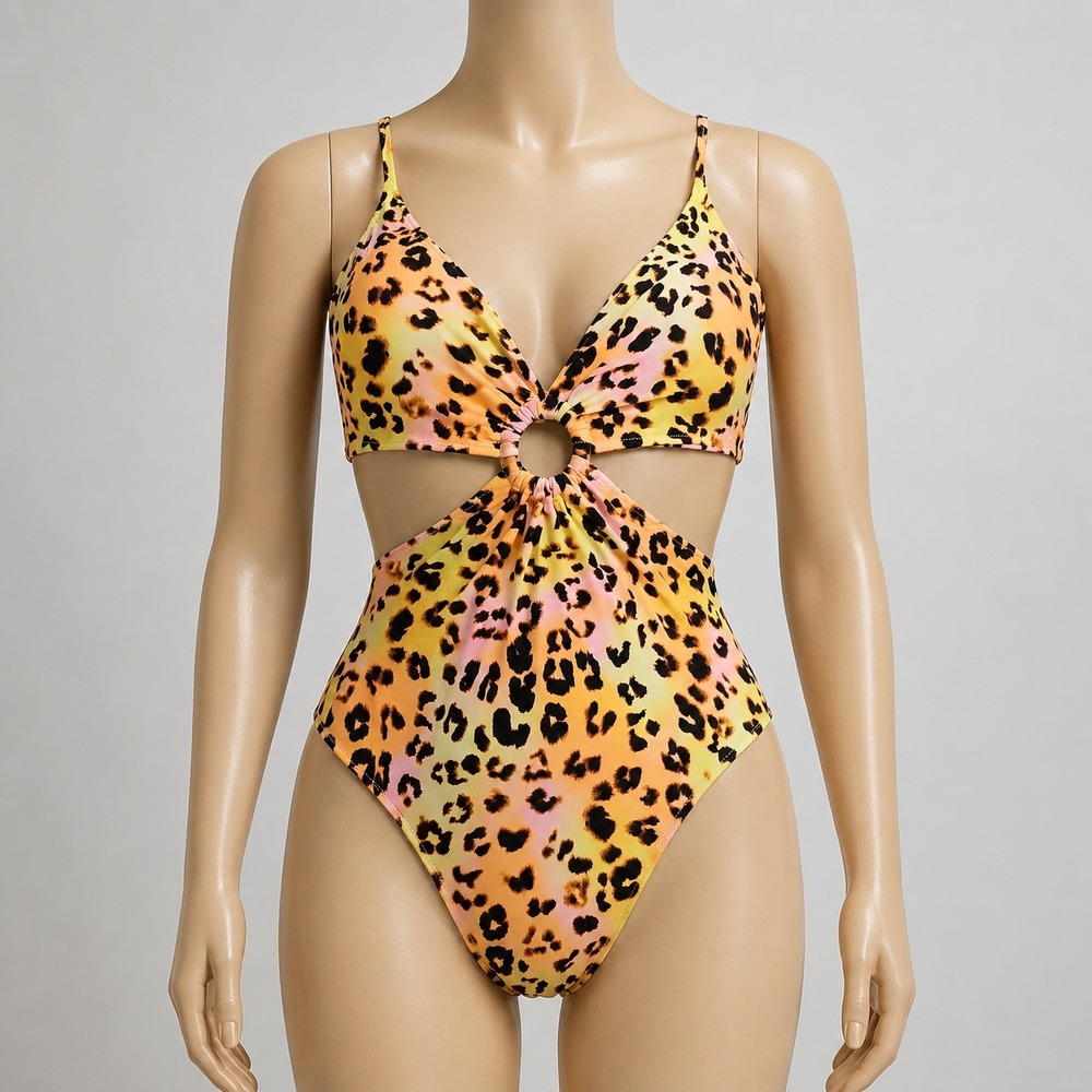 Bar III Womens One Piece Swimsuit Leopard Cutout Ring Monokini Multi‎ Orange M